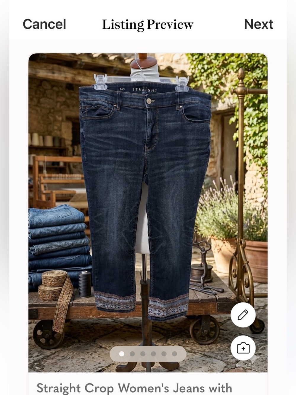 Embroidered Hem Straight Crop Jeans — Dark Indigo